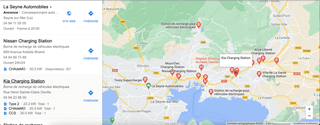 bornes de recharge disponibles à Toulon sur Google Maps
