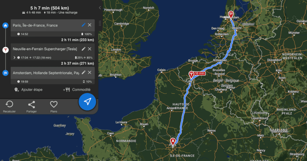 Route elektrische auto Parijs-Amsterdam