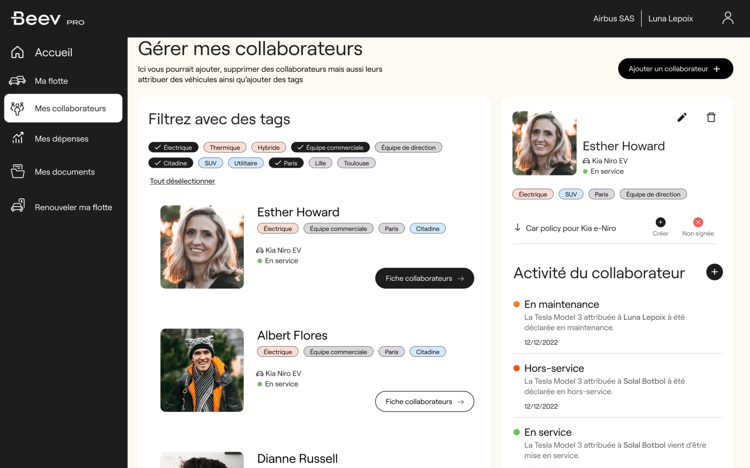 fleet page "mes collaborateurs" beev pro