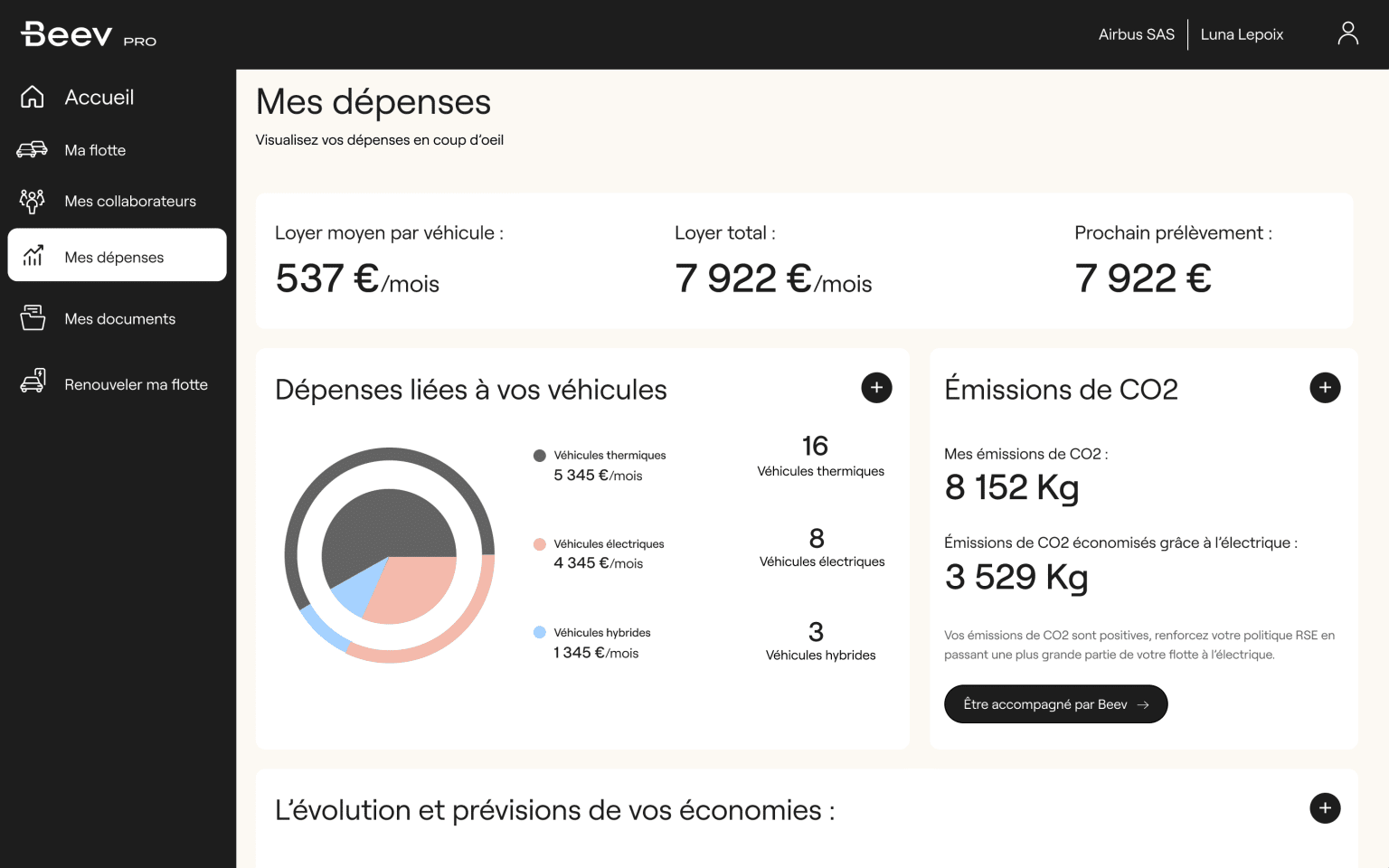 fleet page "mes dépenses" beev pro