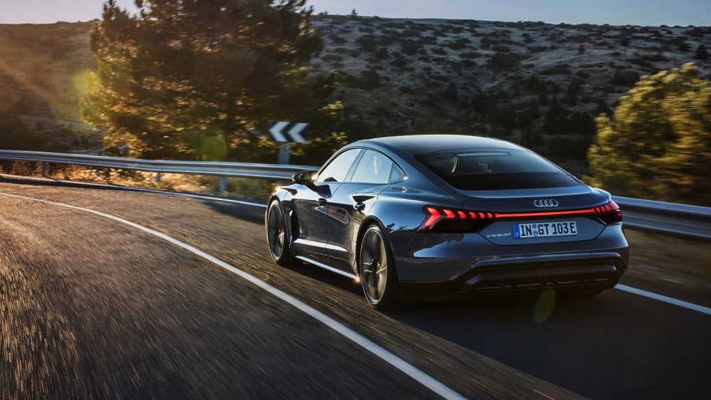 Audi e-tron GT quattro from behind on the road