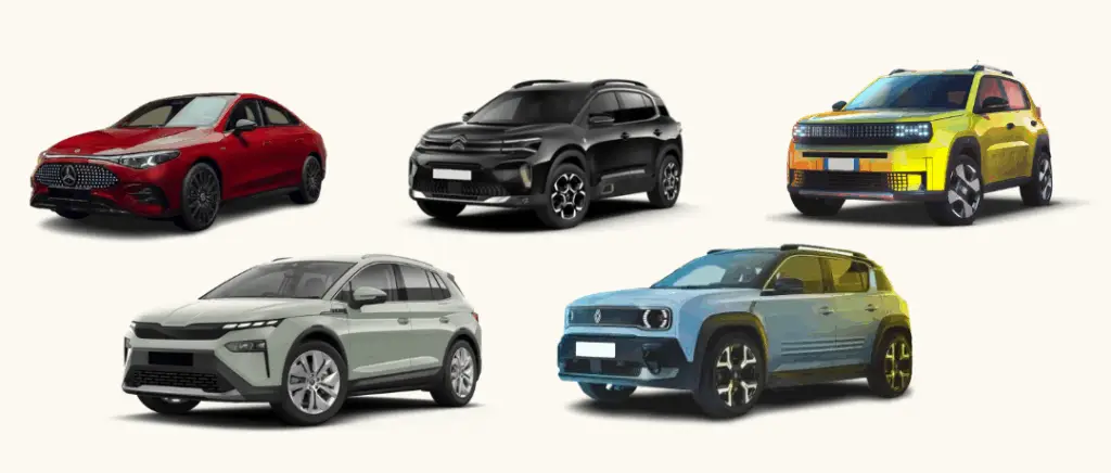 une photo de 5 modèles de voitures sur les 7 finalistes en lice pour le trophée européen de la Voiture de l'année 2026