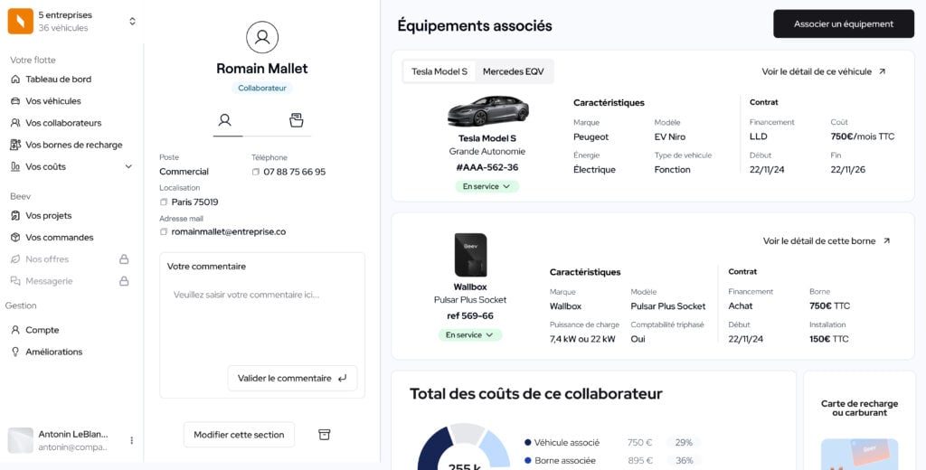 Interface utilisateur du Fleet Manager de Beev
