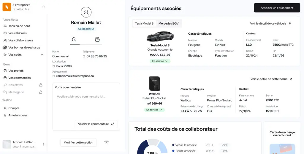 Interface utilisateur du Fleet Manager de Beev