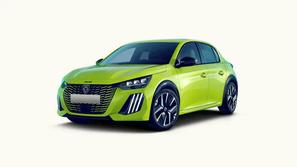 Peugeot e-208 sur un fond uni de couleur beige