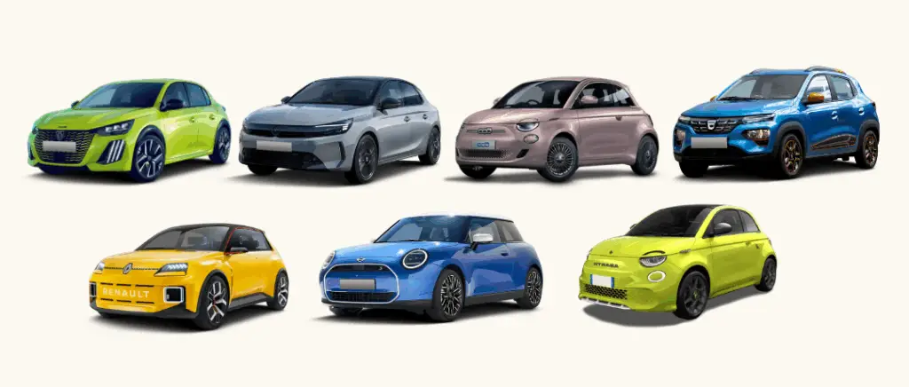 les 7 citadines électriques sont présentées sur un fond beige