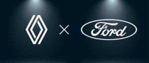 Les logos Renault et Ford sont mis côte à côte sur un fond sombre