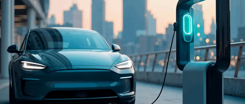 une voiture futuriste recharge sur une borne également futuriste