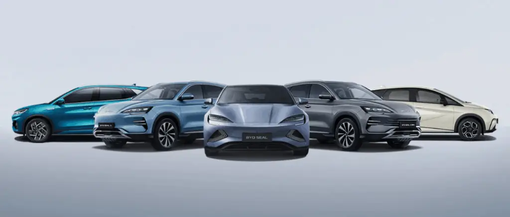 plusieurs véhicules BYD sont pris en photo de face sur un fond gris