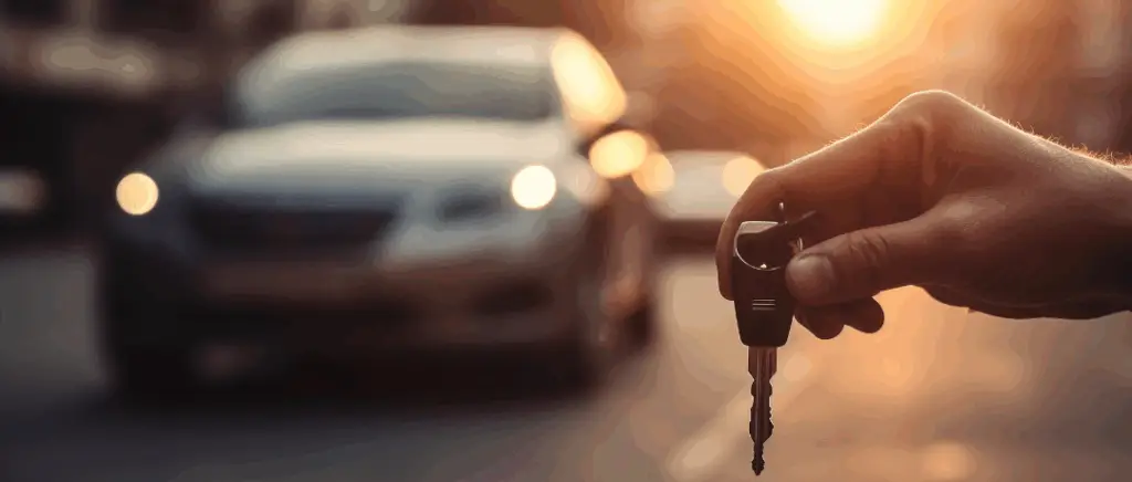 une main en gros plan tiens la clé d'une voiture située en arrière plan