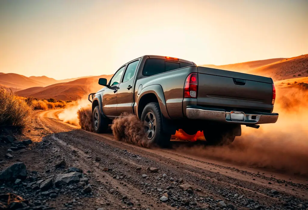 un pick up roule sur une route en terre